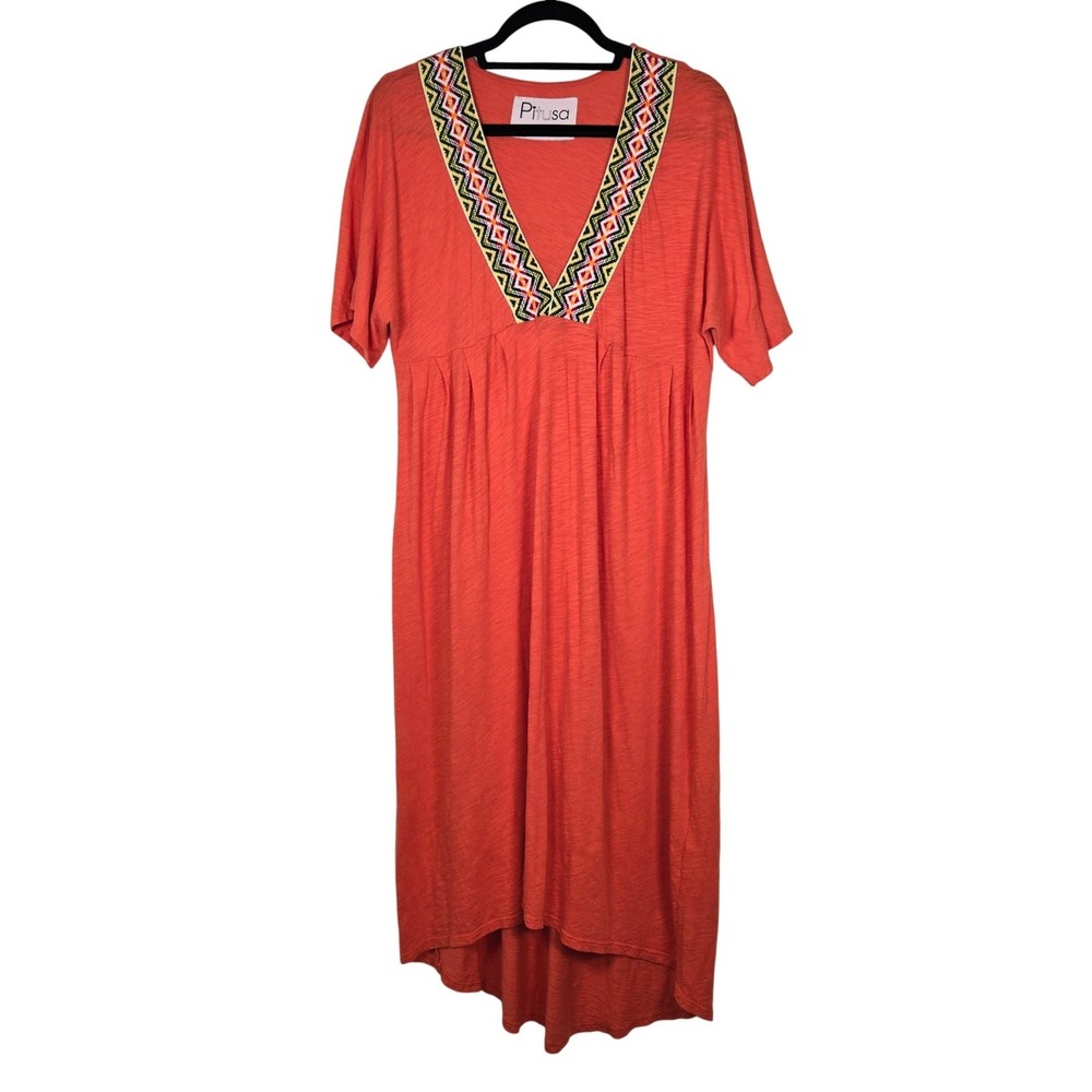 Pitusa Orange Inca Trim V-Neck Midi Pima Cotton Blend Dress One Size Petite